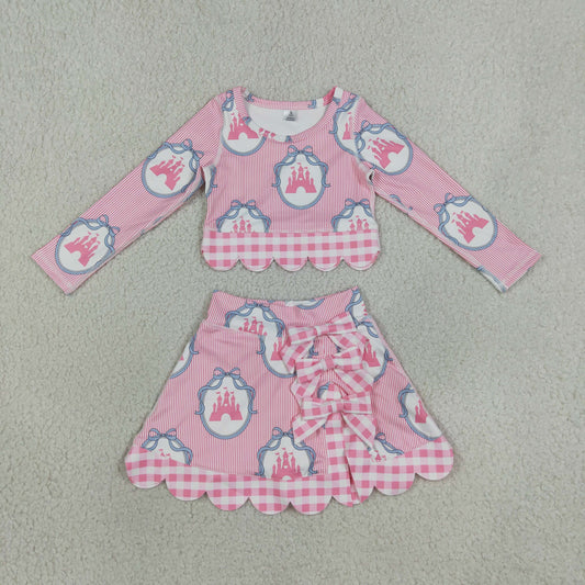 NEW RTS NO MOQ yoga fabric GLD1601 Baby Girls Pink Stripe Scallop Edge Skort Summer Yoga Set
