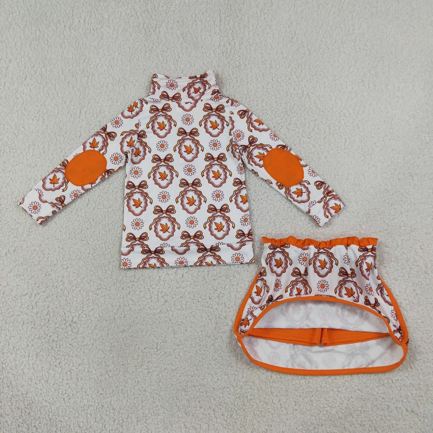 NEW RTS NO MOQ milk silk GLD1602 Baby Girls Long Sleeve Bow Leaf Print Zip Pullover Top Skirt Set