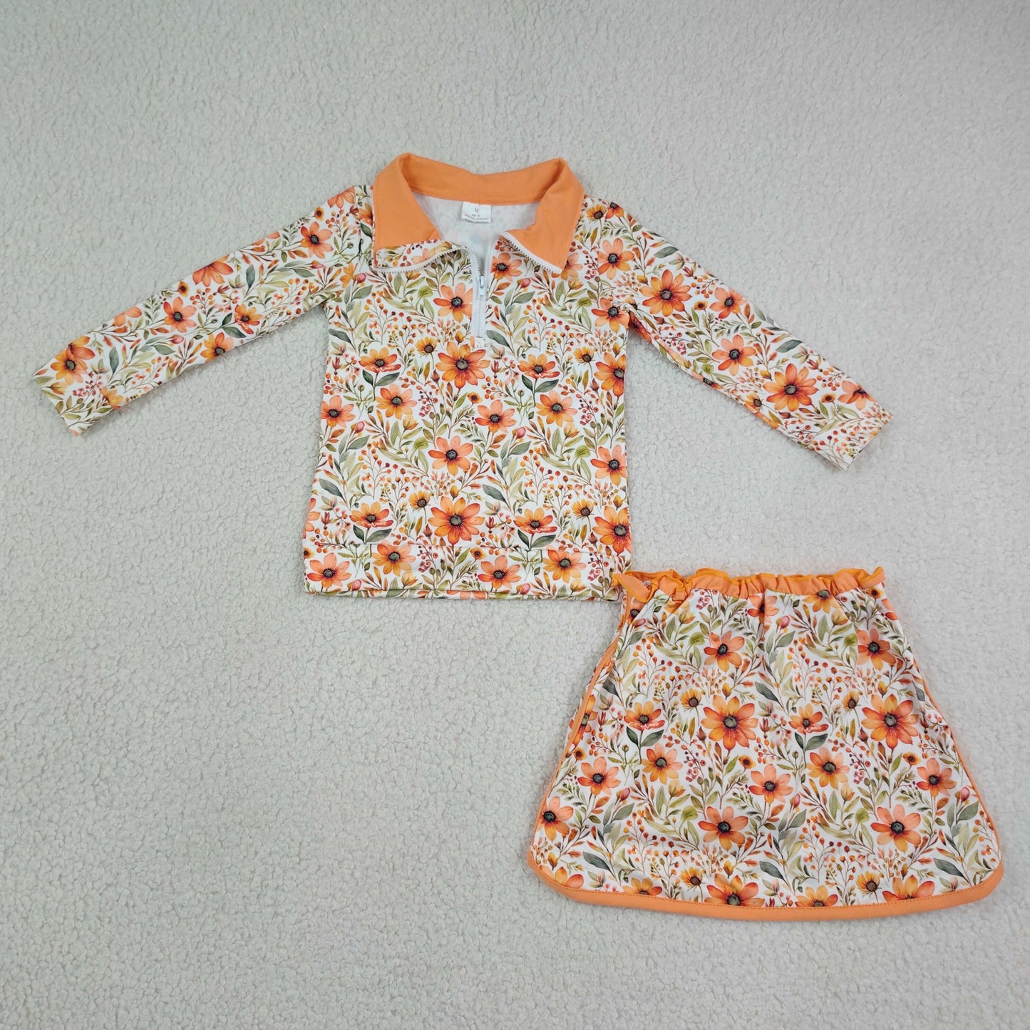 NEW RTS NO MOQ milk silk GLD1606 Baby Girls Floral Print Long Sleeve Zip Pullover Short Skirt Set