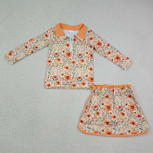 NEW RTS NO MOQ milk silk GLD1606 Baby Girls Floral Print Long Sleeve Zip Pullover Short Skirt Set