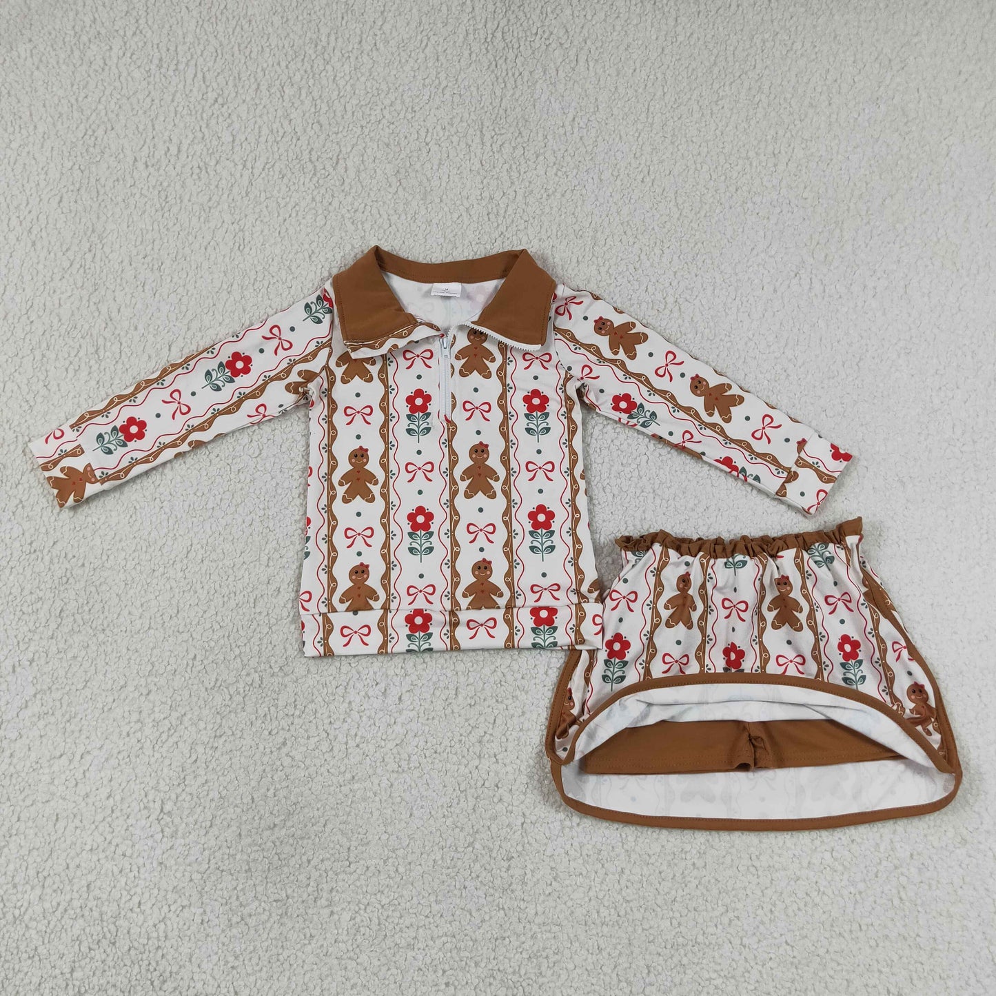 RTS NO MOQ milk silk GLD1607 Baby Girls Christmas Flower Gingerbread Bow Striped Zip Top Ruffle Short Skirt Holiday Outfit