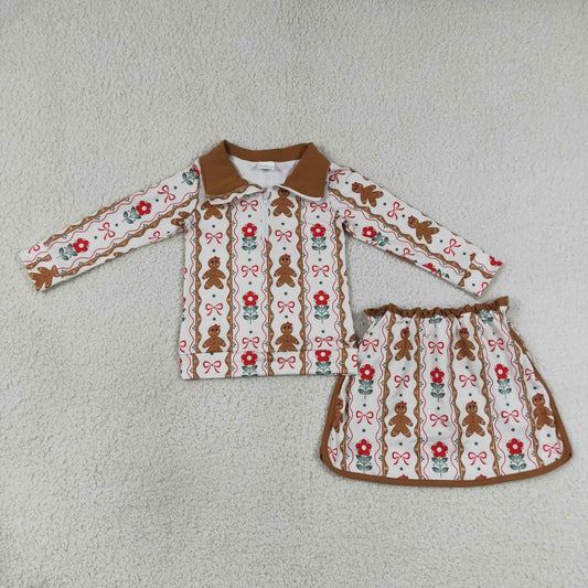 RTS NO MOQ milk silk GLD1607 Baby Girls Christmas Flower Gingerbread Bow Striped Zip Top Ruffle Short Skirt Holiday Outfit