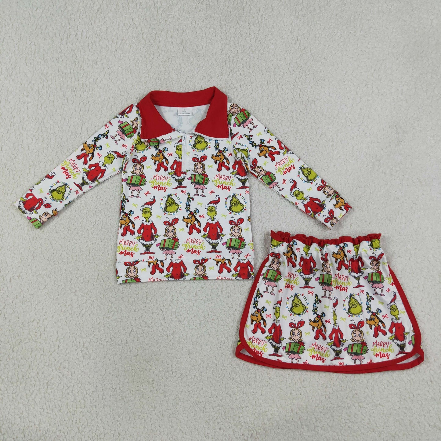 NEW RTS NO MOQ milk silk GLD1608 Baby Girls Christmas Printed Zip Front Top Short Skirt Sets