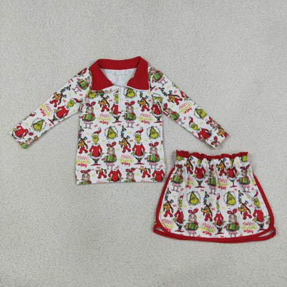 NEW RTS NO MOQ milk silk GLD1608 Baby Girls Christmas Printed Zip Front Top Short Skirt Sets
