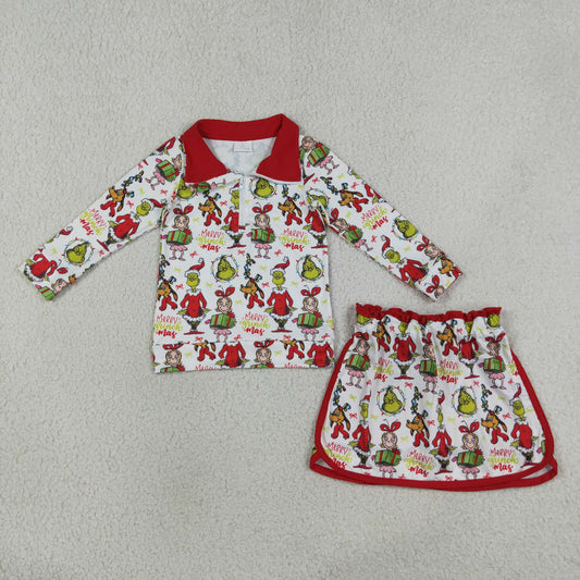 NEW RTS NO MOQ milk silk GLD1608 Baby Girls Christmas Printed Zip Front Top Short Skirt Sets