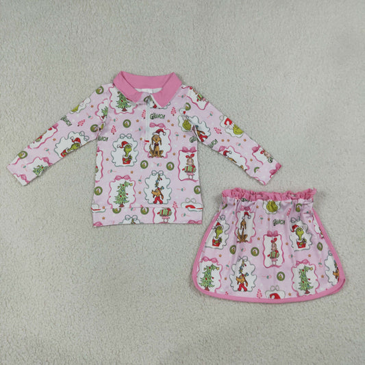 NEW RTS NO MOQ milk silk GLD1609 Baby Girls Christmas Tree Print  Front Top Skort Two Piece Christmas Outfit Set