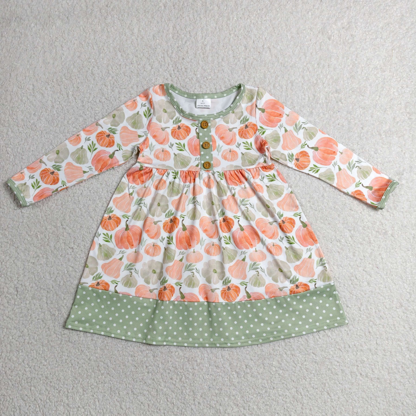 RTS NO MOQ milk silk GLD1626 Baby Girls Long Sleeve Pumpkins Button Fall Knee Length Dresses