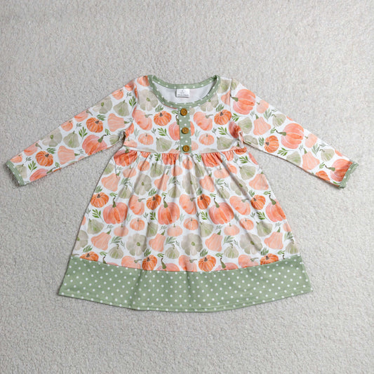 RTS NO MOQ milk silk GLD1626 Baby Girls Long Sleeve Pumpkins Button Fall Knee Length Dresses