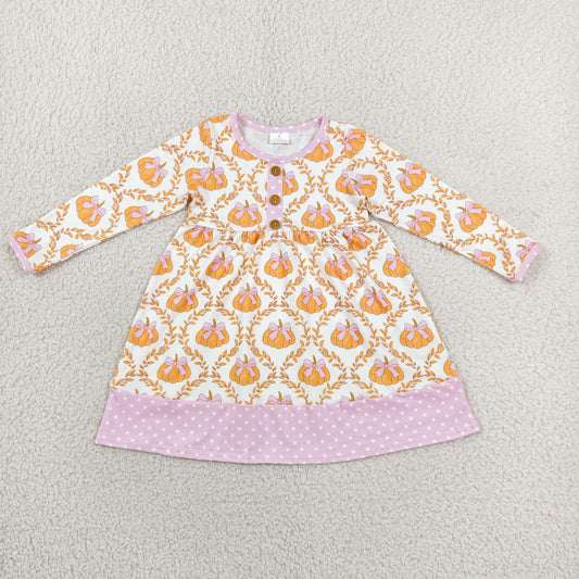 RTS NO MOQ milk silk GLD1627 Baby Girls Flowers Pumpkins Checked Button Fall Knee Length Dresses