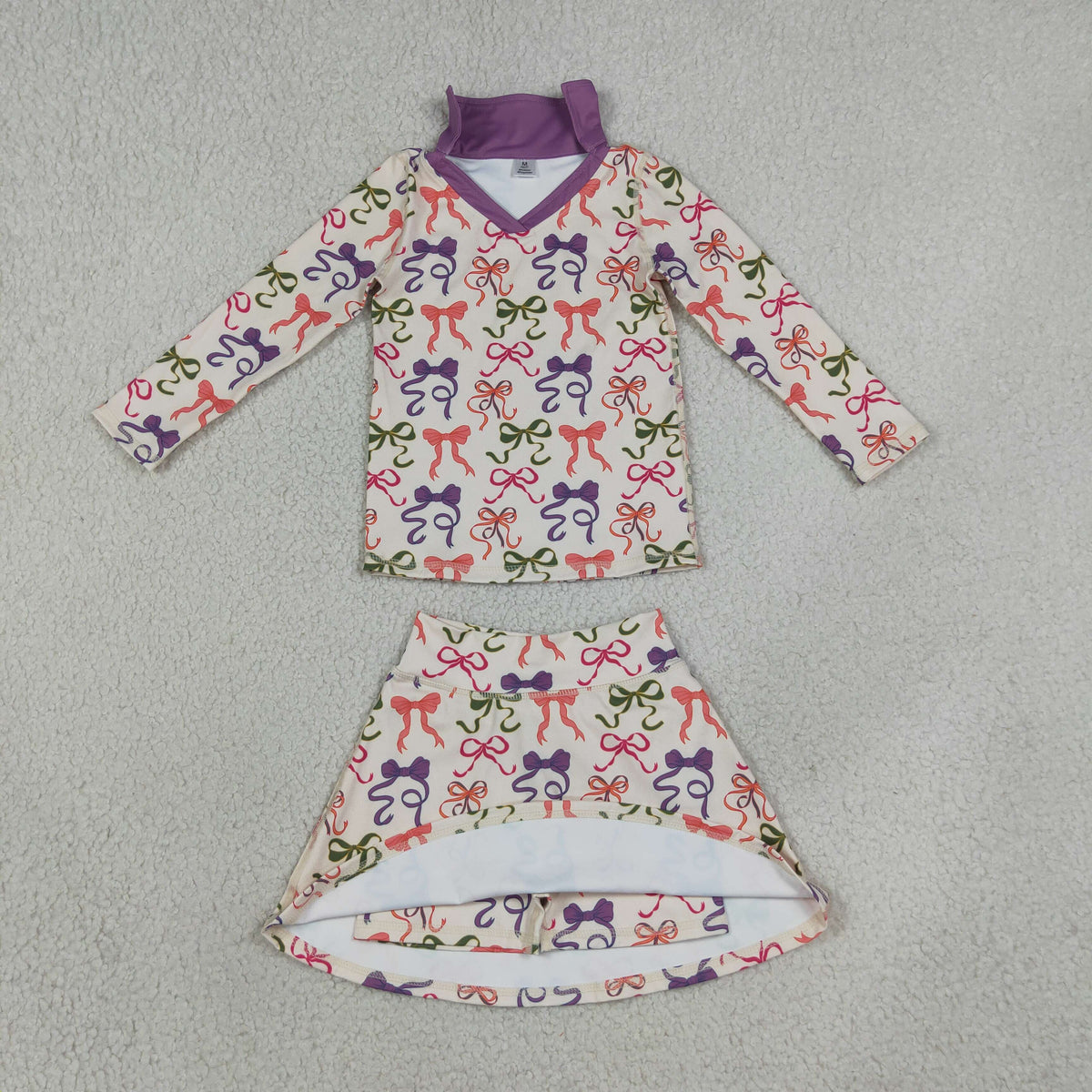 RTS NO MOQ yoga fabric GLD1632 Baby Girls Colorful Bows Long Sleeve Top Skirt Short Yoga Active Clothes Set