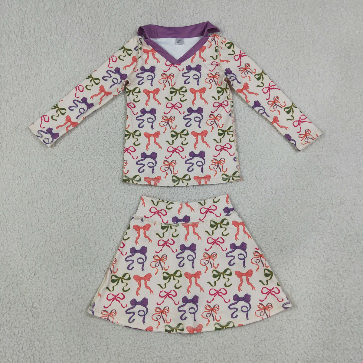 RTS NO MOQ yoga fabric GLD1632 Baby Girls Colorful Bows Long Sleeve Top Skirt Short Yoga Active Clothes Set