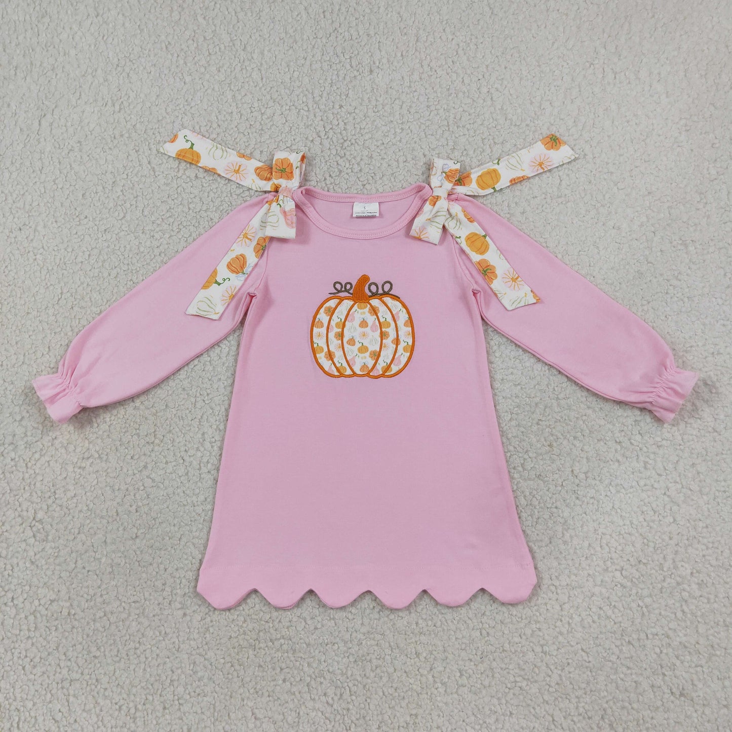 RTS No moq milk silk GLD1642 Embroidery Pumpkins Baby Girls Pink Fall Scallop Knee Length Dresses