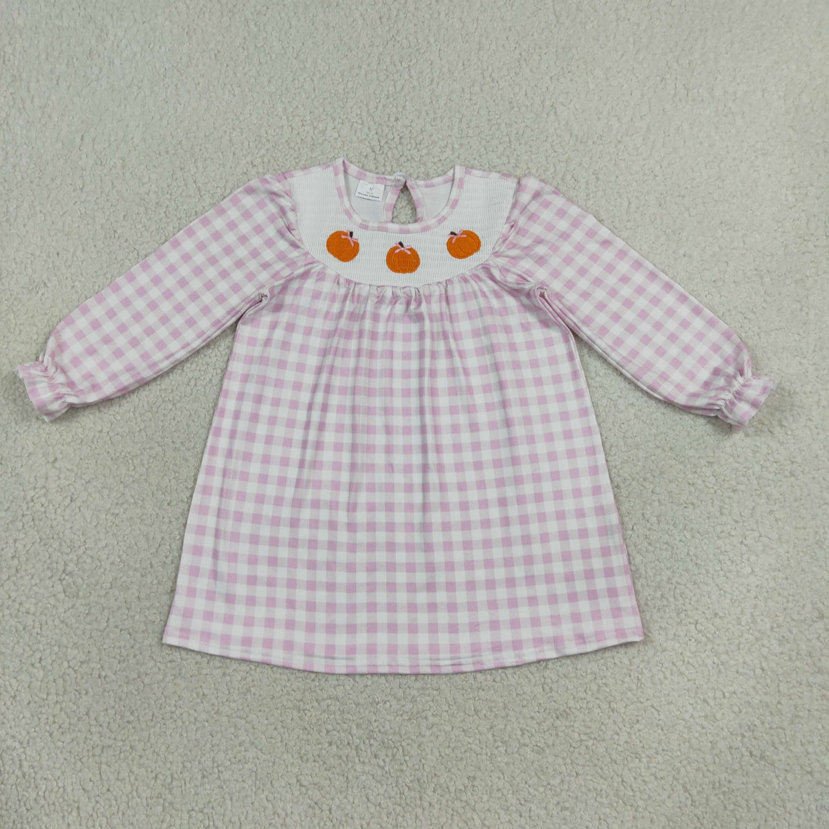 NEW RTS NO MOQ milk silk GLD1649 Smocked Pumpkins Baby Girls Pink Checked Fall Knee Length Dresses