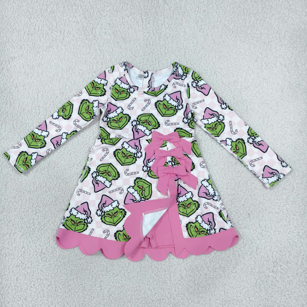 NEW RTS NO MOQ yoga fabric GLD1651 Baby Girls Green Frogs Candy Cane Christmas Yoga Active Short Bows Scallop Dress