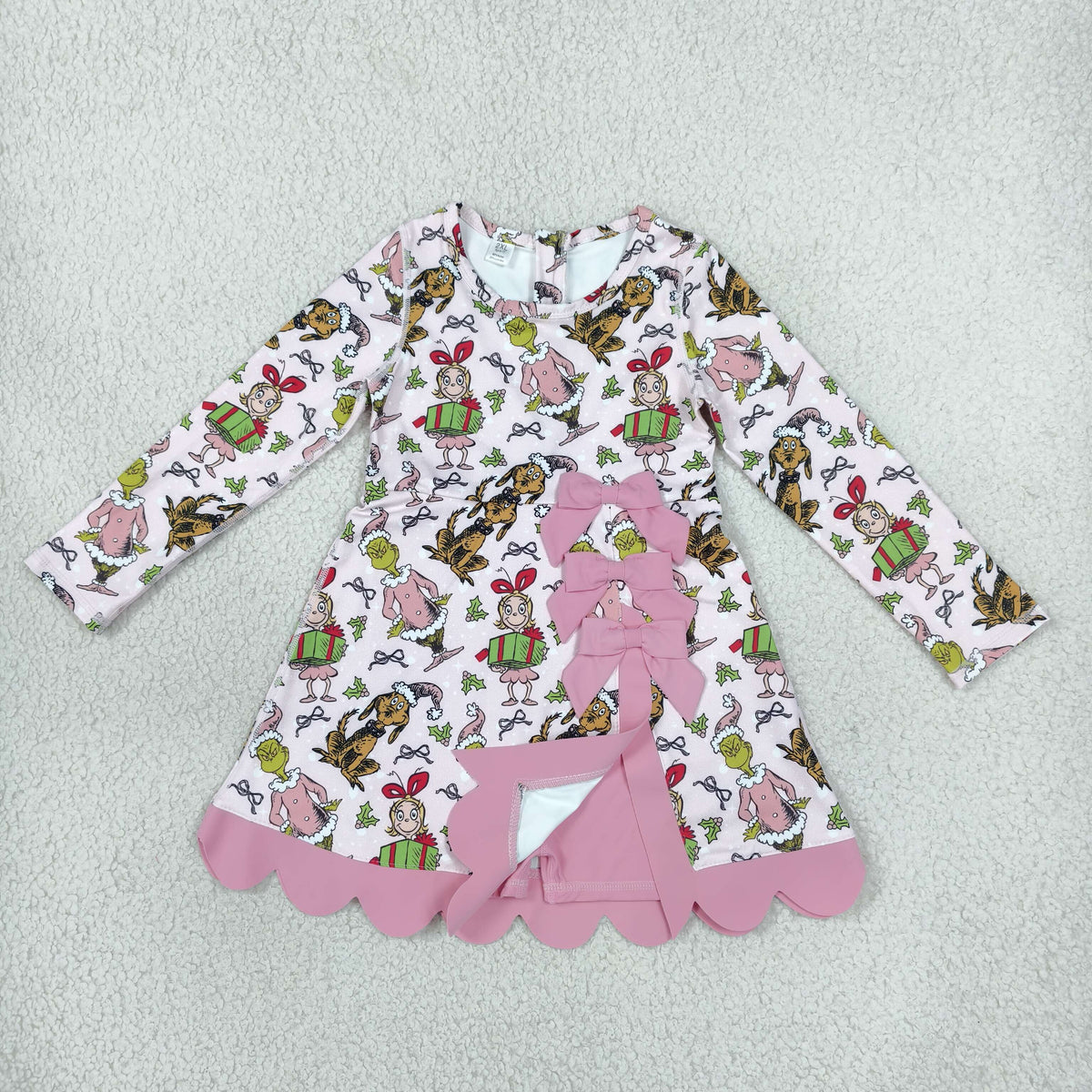 NEW RTS NO MOQ yoga fabric GLD1656 Baby Girls Frogs Gifts Christmas Yoga Active Short Bows Scallop Knee Length Dress