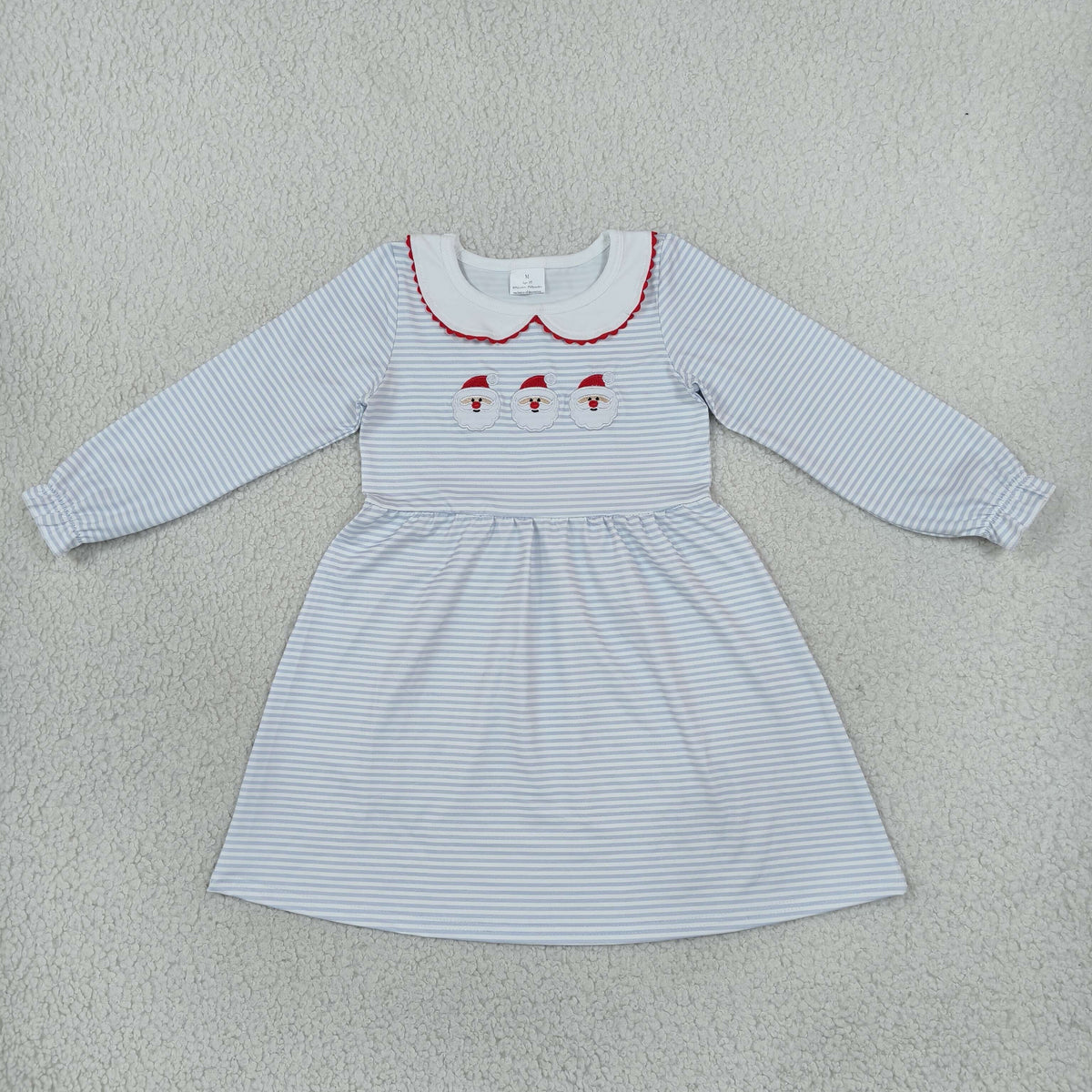 NEW RTS NO MOQ milk silk GLD1673 Embroidery Santa Baby Girls Blue Stripe Collar Christmas Knee Length Dress