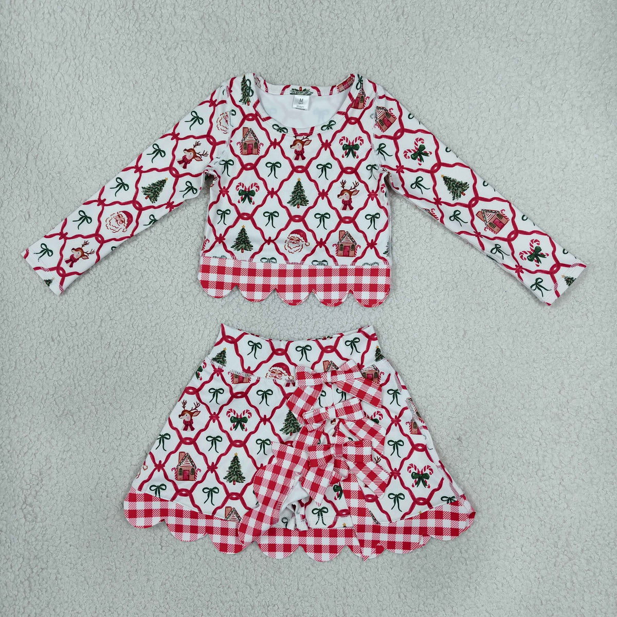 NEW RTS NO MOQ Yoga GLD1676 Baby Girls Gingerbread Bows Top Bows Skirt Short Christmas Yoga Active Scallop Clothes Set
