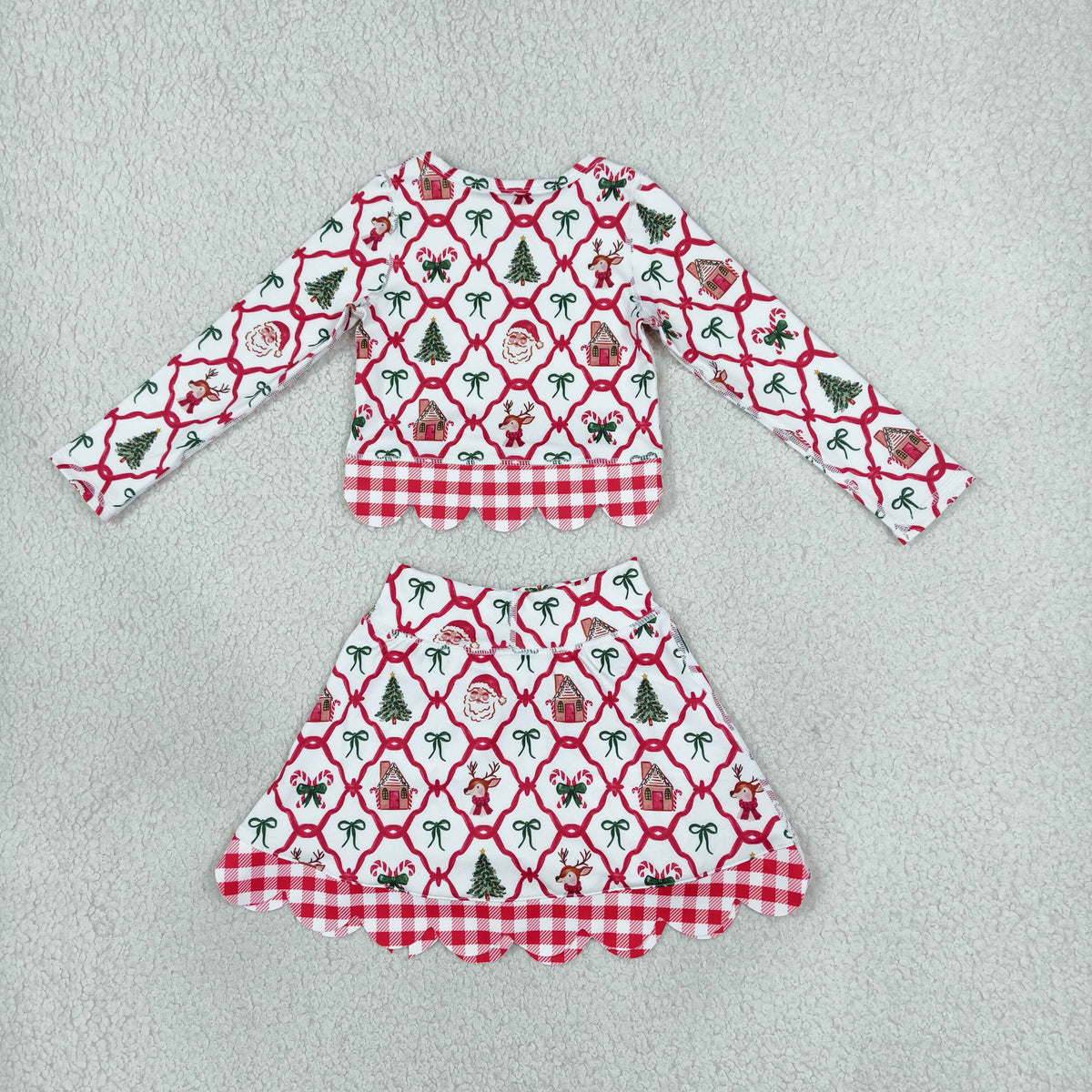 NEW RTS NO MOQ Yoga GLD1676 Baby Girls Gingerbread Bows Top Bows Skirt Short Christmas Yoga Active Scallop Clothes Set
