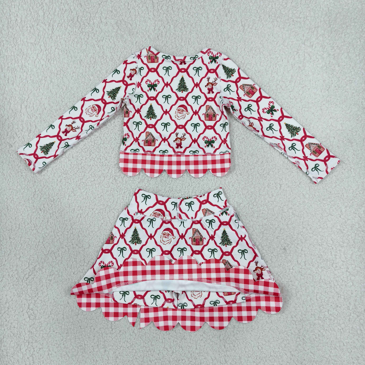 NEW RTS NO MOQ Yoga GLD1676 Baby Girls Gingerbread Bows Top Bows Skirt Short Christmas Yoga Active Scallop Clothes Set