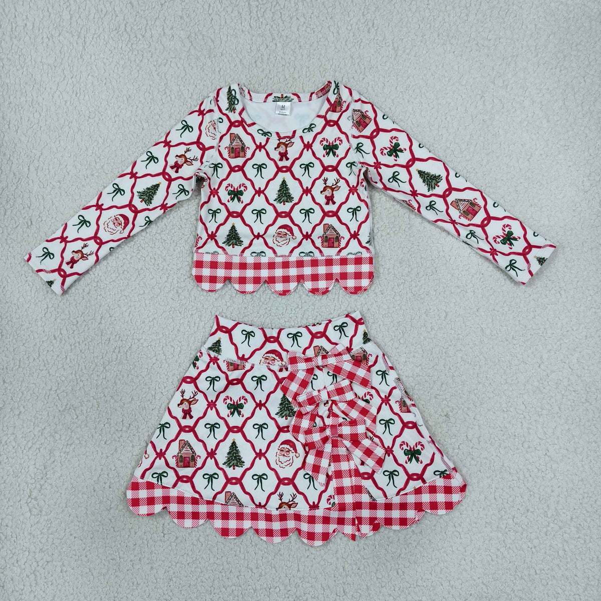 NEW RTS NO MOQ Yoga GLD1676 Baby Girls Gingerbread Bows Top Bows Skirt Short Christmas Yoga Active Scallop Clothes Set