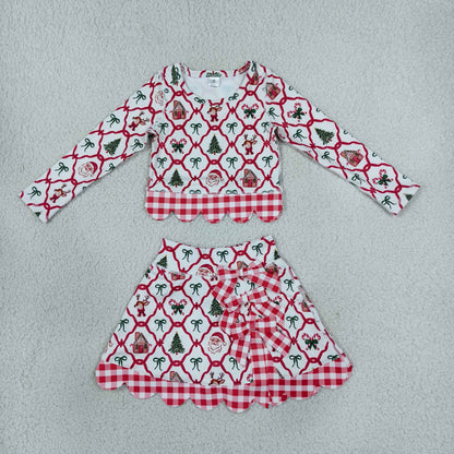 RTS NO MOQ Sibling yoga fabric Baby Girls Christmas Print Long Sleeve Top And Scallop Skirt Yoga Outfit
