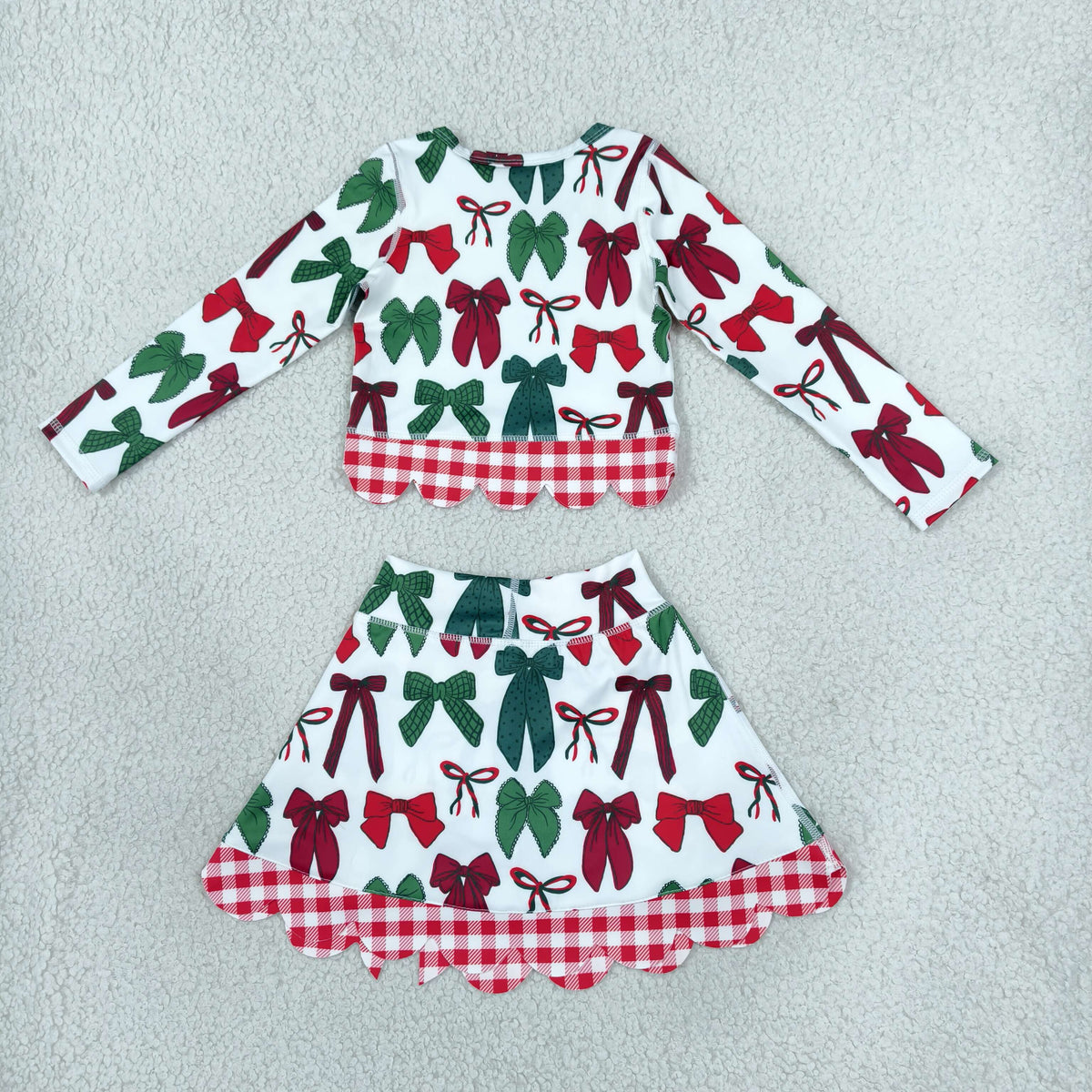 NEW RTS NO MOQ Yoga GLD1677 Baby Girls Green Red Bows Top Bows Skirt Short Christmas Yoga Active Scallop Clothes Set