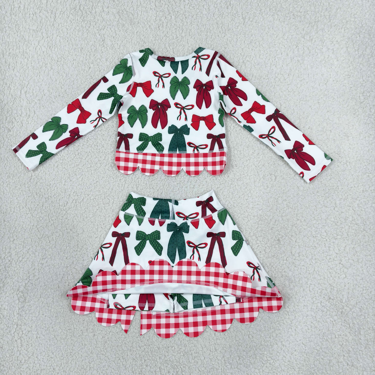 NEW RTS NO MOQ Yoga GLD1677 Baby Girls Green Red Bows Top Bows Skirt Short Christmas Yoga Active Scallop Clothes Set