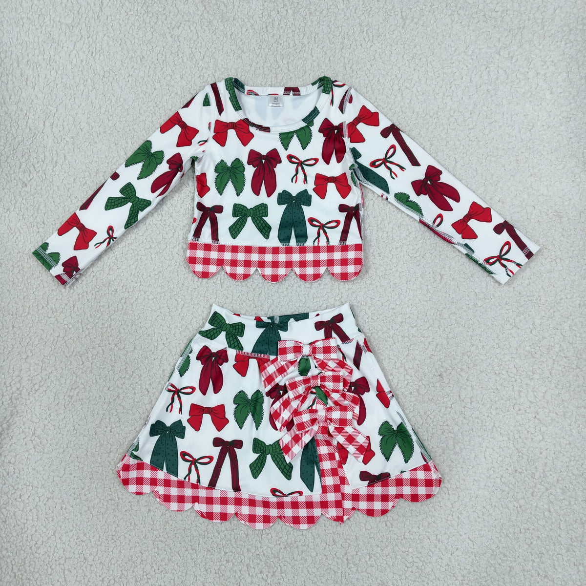 RTS NO MOQ Sibling yoga fabric Baby Girls Christmas Print Long Sleeve Top And Scallop Skirt Yoga Outfit