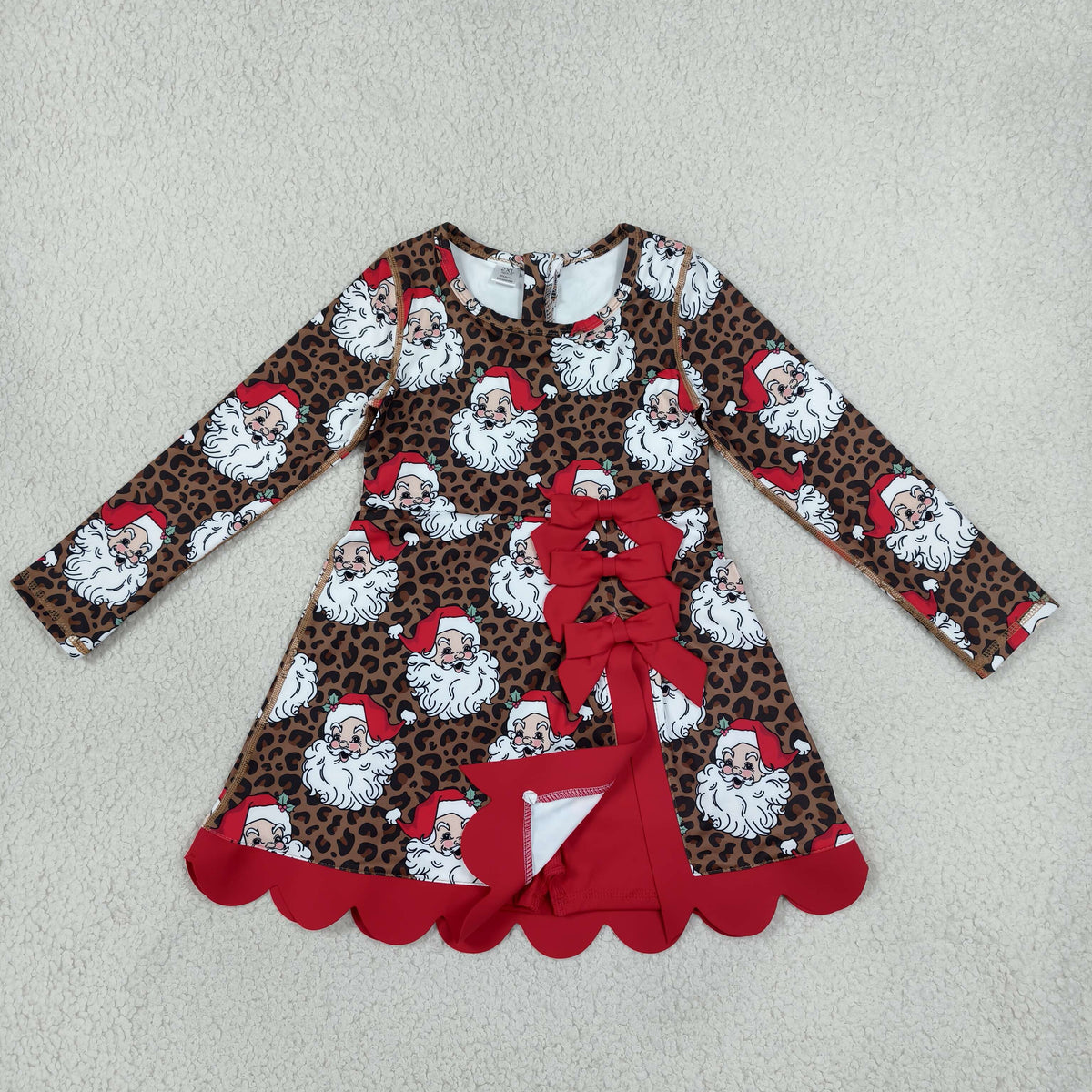 NEW RTS NO MOQ yoga fabric GLD1679 Baby Girls Leopard Santa Short Christmas Bows Scallop Yoga Active Knee Length Dress