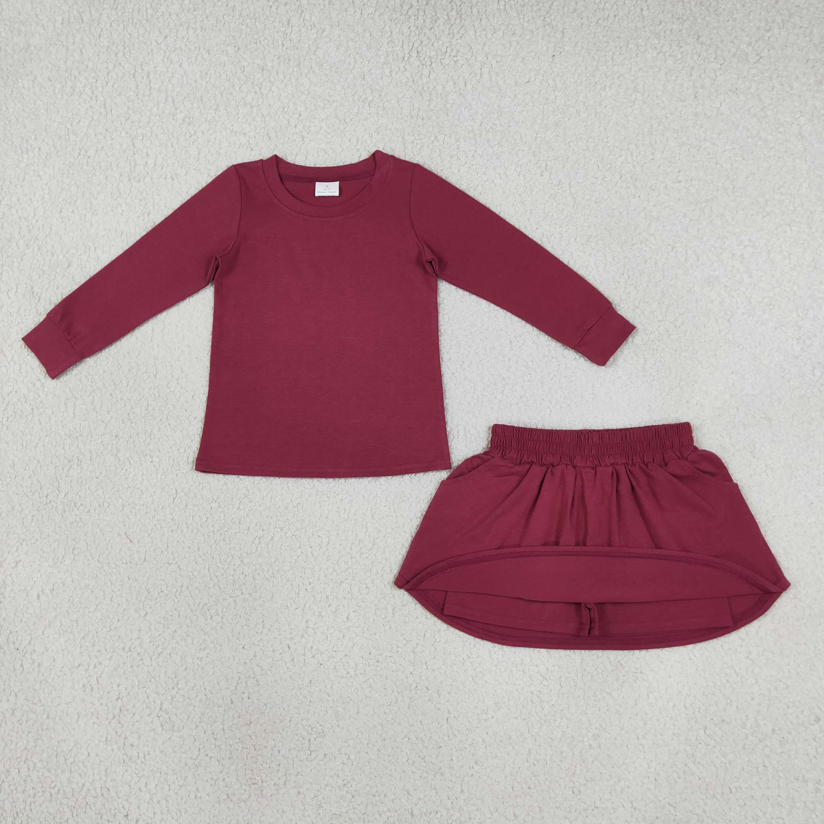 NEW RTS NO MOQ milk silk GLD1697 Baby Girls Maroon Long Sleeve Top Pockets Skirt Short Clothes Set