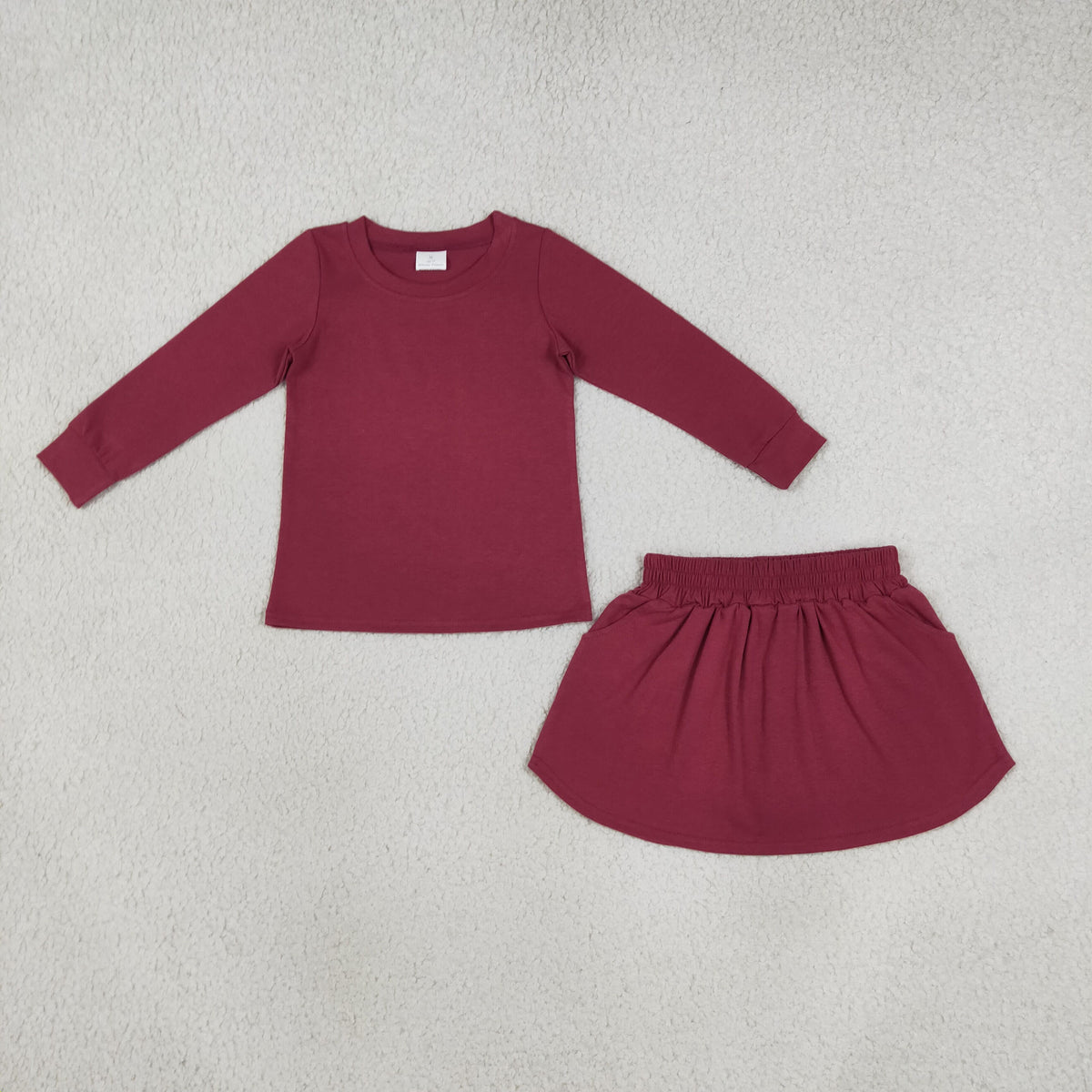 NEW RTS NO MOQ milk silk GLD1697 Baby Girls Maroon Long Sleeve Top Pockets Skirt Short Clothes Set