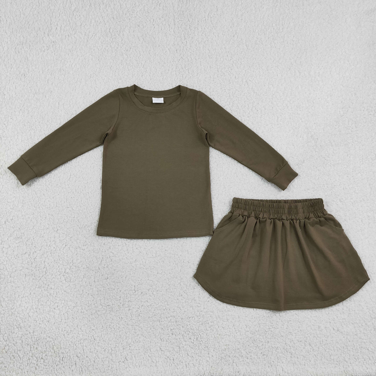 NEW RTS NO MOQ milk silk GLD1698 Baby Girls Olive Long Sleeve Shirt Top Pockets Skirt Short Clothes Sets