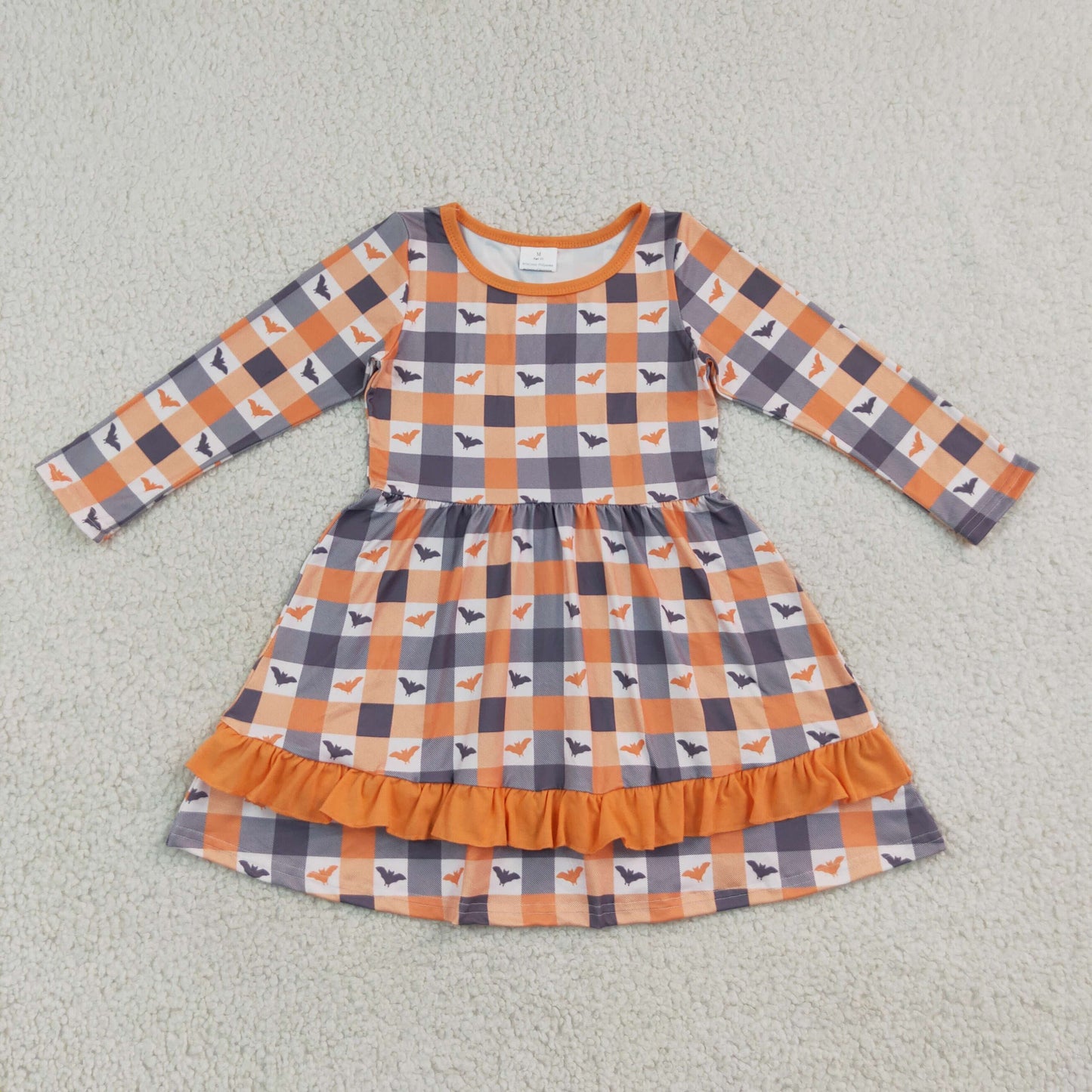NEW RTS NO MOQ milk silk GLD1707 Baby Girls Bats Checked Ruffle Halloweens Knee Length Dress