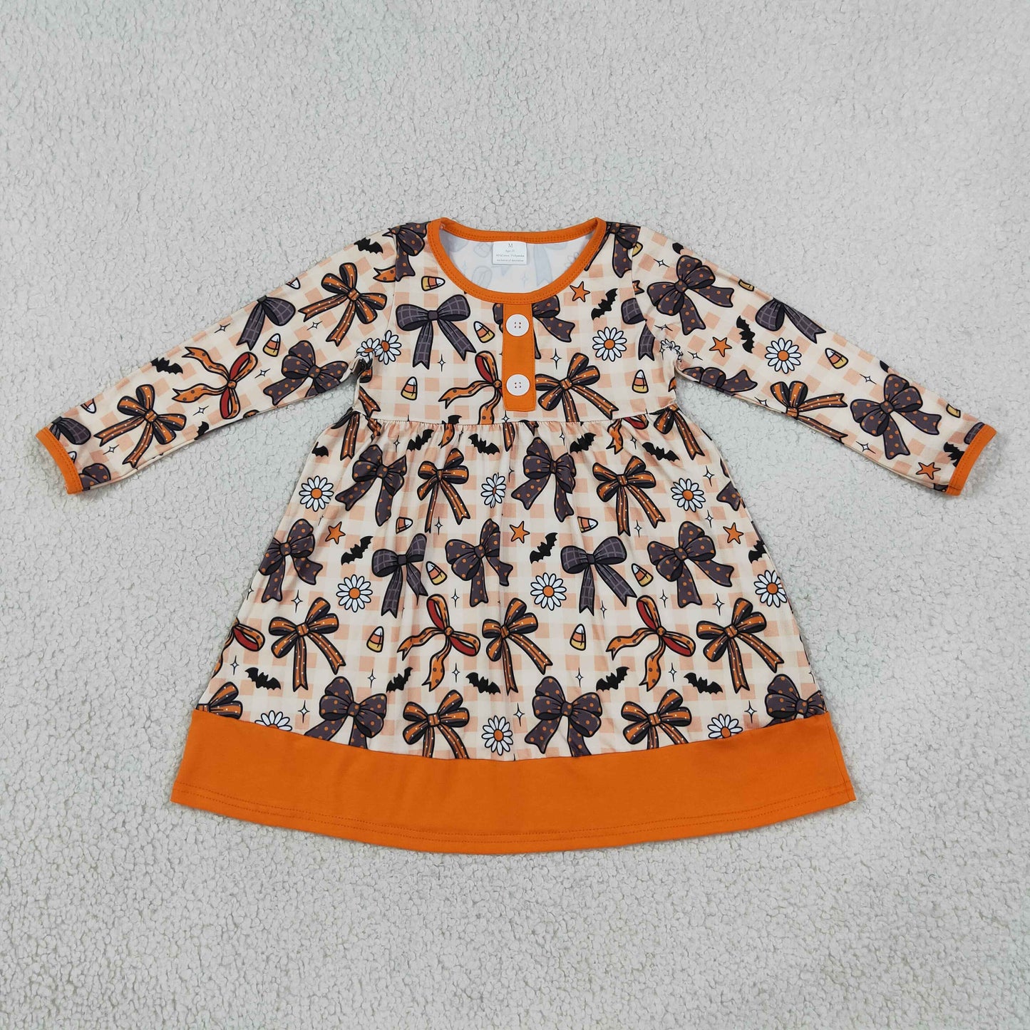NEW RTS NO MOQ milk silk GLD1708 Baby Girls Halloween Floral Print Button Front Ruffle Hem Knee Length Dress