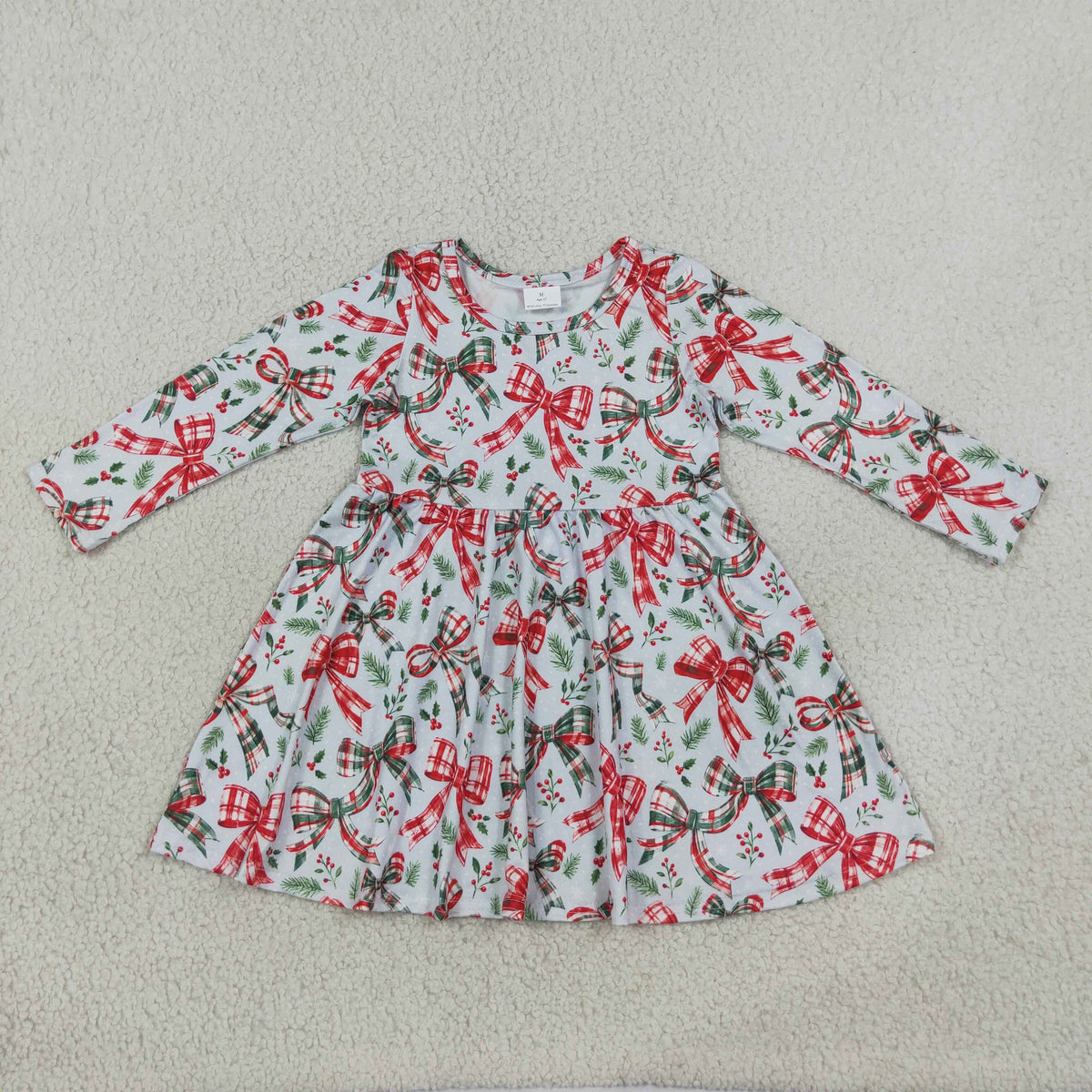 NEW RTS NO MOQ milk silk GLD1709 Baby Girls Green Red Checked Bows Flowers Christmas Knee Length Dress