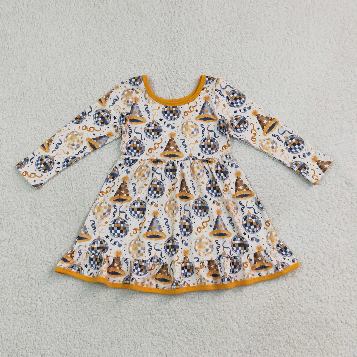 NEW RTS NO MOQ milk silk GLD1723 Baby Girls Stars Lights Happy New Year Ruffle Knee Length Dress