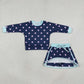 NEW RTS NO MOQ milk silk GLD1762 Baby Girls Navy Polka Dots Long Sleeve Shirt Top Skirt Short Clothes Set