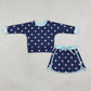 NEW RTS NO MOQ milk silk GLD1762 Baby Girls Navy Polka Dots Long Sleeve Shirt Top Skirt Short Clothes Set