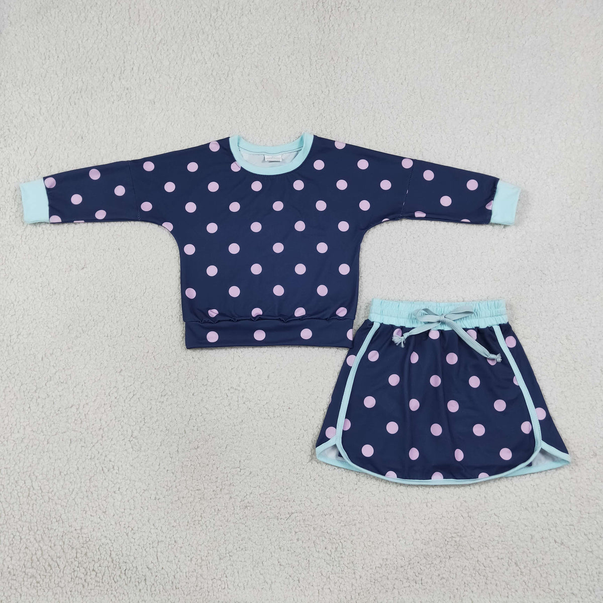 NEW RTS NO MOQ milk silk GLD1762 Baby Girls Navy Polka Dots Long Sleeve Shirt Top Skirt Short Clothes Set