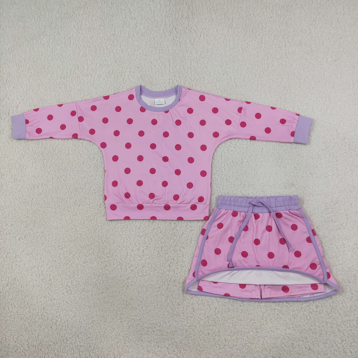 NEW RTS NO MOQ milk silk GLD1763 Baby Girls Pink Lavender Polka Dots Long Sleeve Top Skirt Short Clothes Set