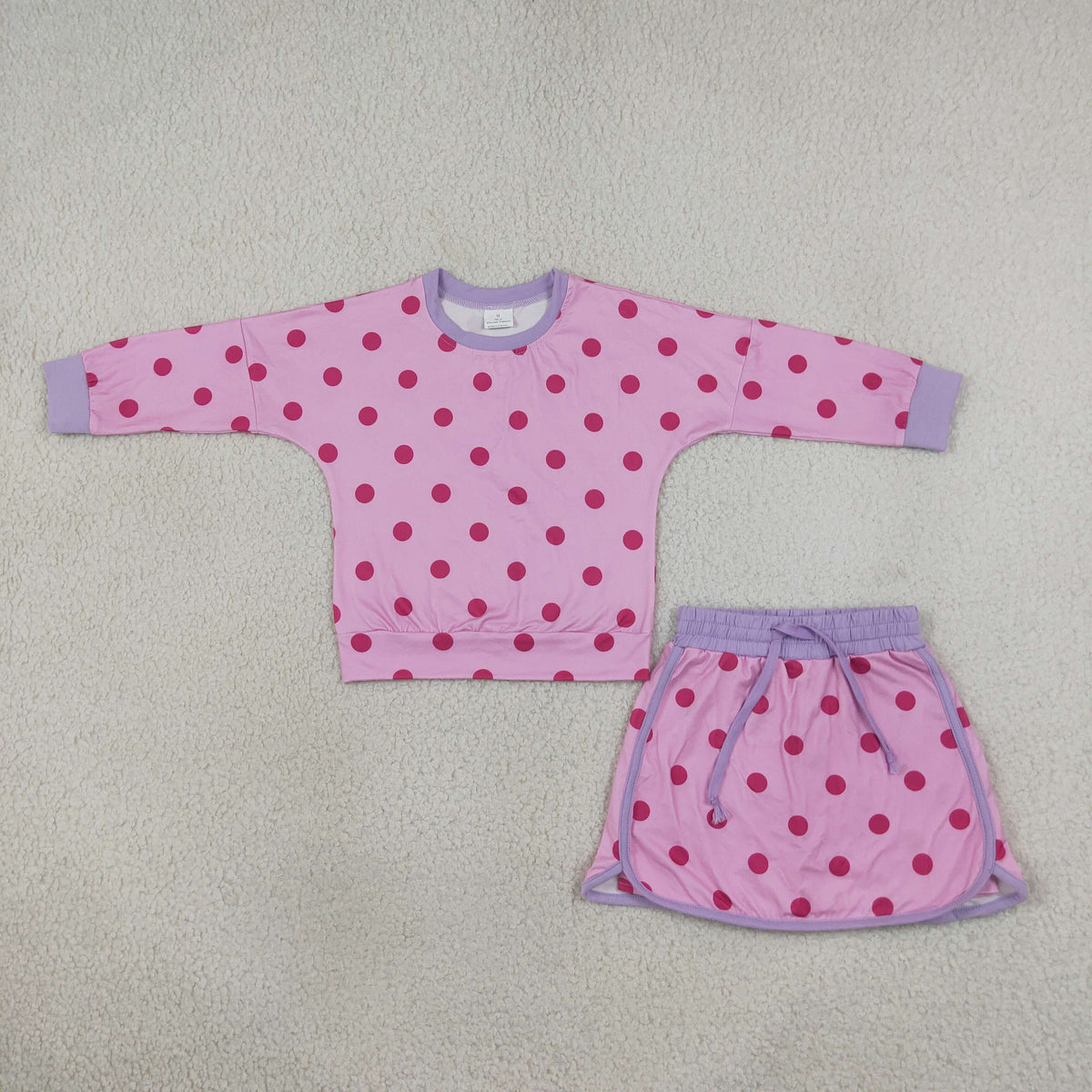 NEW RTS NO MOQ milk silk GLD1763 Baby Girls Pink Lavender Polka Dots Long Sleeve Top Skirt Short Clothes Set