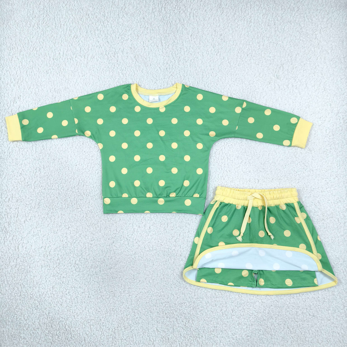 NEW RTS NO MOQ milk silk GLD1764 Baby Girls Green Polka Dots Long Sleeve Top Skirt Short Clothes Set