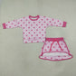 NEW RTS NO MOQ milk silk GLD1765 Baby Girls Pink Polka Dots Long Sleeve Top Skirt Short Clothes Set