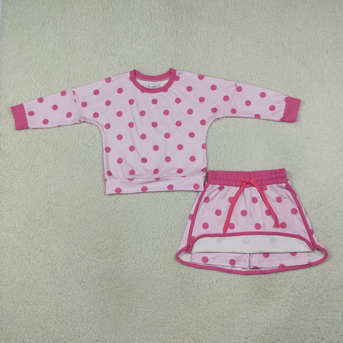 NEW RTS NO MOQ milk silk GLD1765 Baby Girls Pink Polka Dots Long Sleeve Top Skirt Short Clothes Set