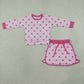 NEW RTS NO MOQ milk silk GLD1765 Baby Girls Pink Polka Dots Long Sleeve Top Skirt Short Clothes Set
