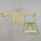 NEW RTS NO MOQ milk silk GLD1766 Baby Girls Green Yellow Polka Dots Long Sleeve Top Skirt Short Clothes Set