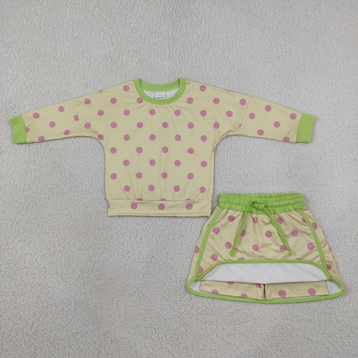 NEW RTS NO MOQ milk silk GLD1766 Baby Girls Green Yellow Polka Dots Long Sleeve Top Skirt Short Clothes Set