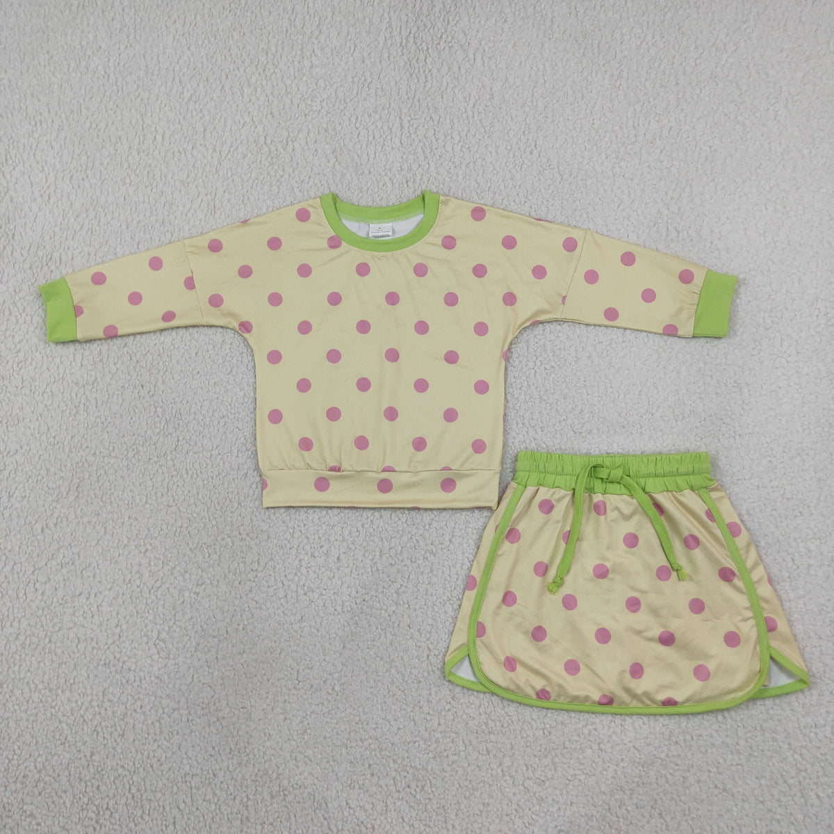 NEW RTS NO MOQ milk silk GLD1766 Baby Girls Green Yellow Polka Dots Long Sleeve Top Skirt Short Clothes Set