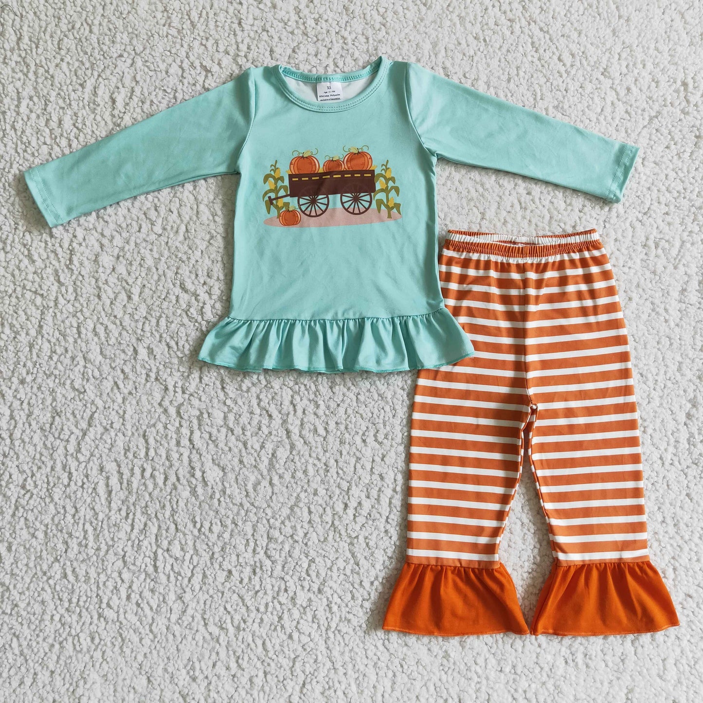 GLP0069 Girls Autumn Pumpkin Car Blue Long Sleeve Pants Set