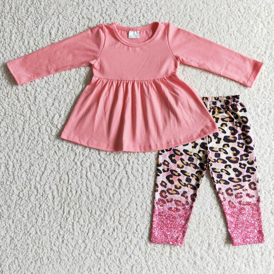 GLP0108 Girls pink leopard print long sleeve trousers suit